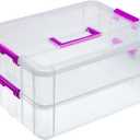 BTSKY 2 Layer Stack & Carry Box, Plastic Multipurpose Portable Storage Container Box Handled Organizer Storage Box for Organizing Stationery, Sewing, Art Craft, Jewelry and Beauty Supplies(Purple)