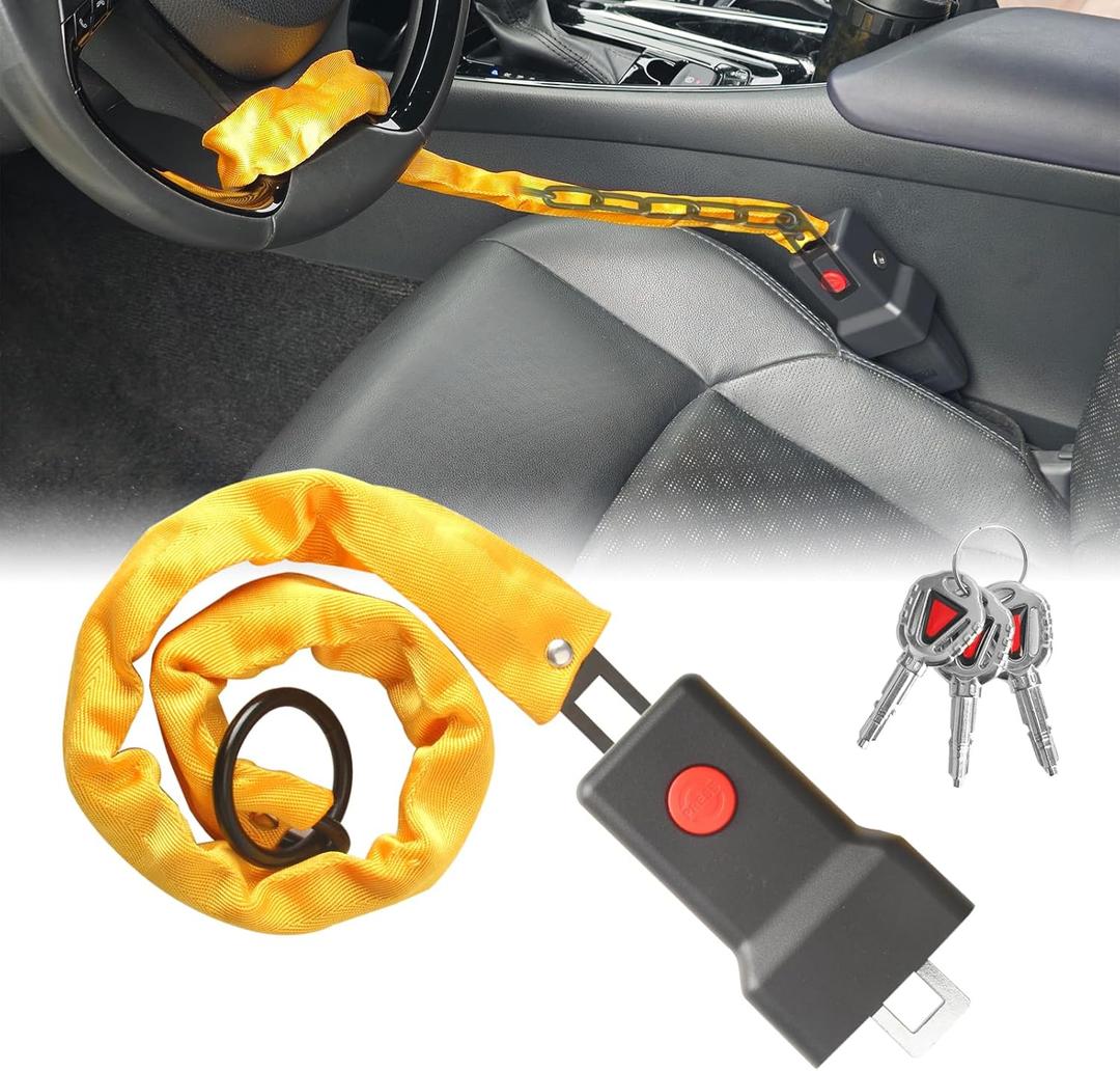 Steering Wheel Lock, Heavy Duty Metal Anti Theft Car Device Seat Belt Chain Lock, Universal Car Lock Theft Prevention Belt Buckle Extension, Car Security Fit Most Vehicles Truck SUV Van (70CM)