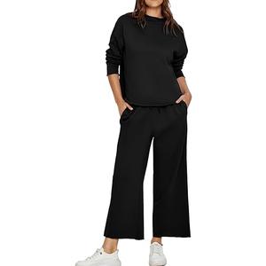 Glamaker Womens 2 Piece Lounge Set Casual Long Sleeve Mock Neck Tops Wide Leg Pant Tracksuit Vacation Travel Outfit 2025 M