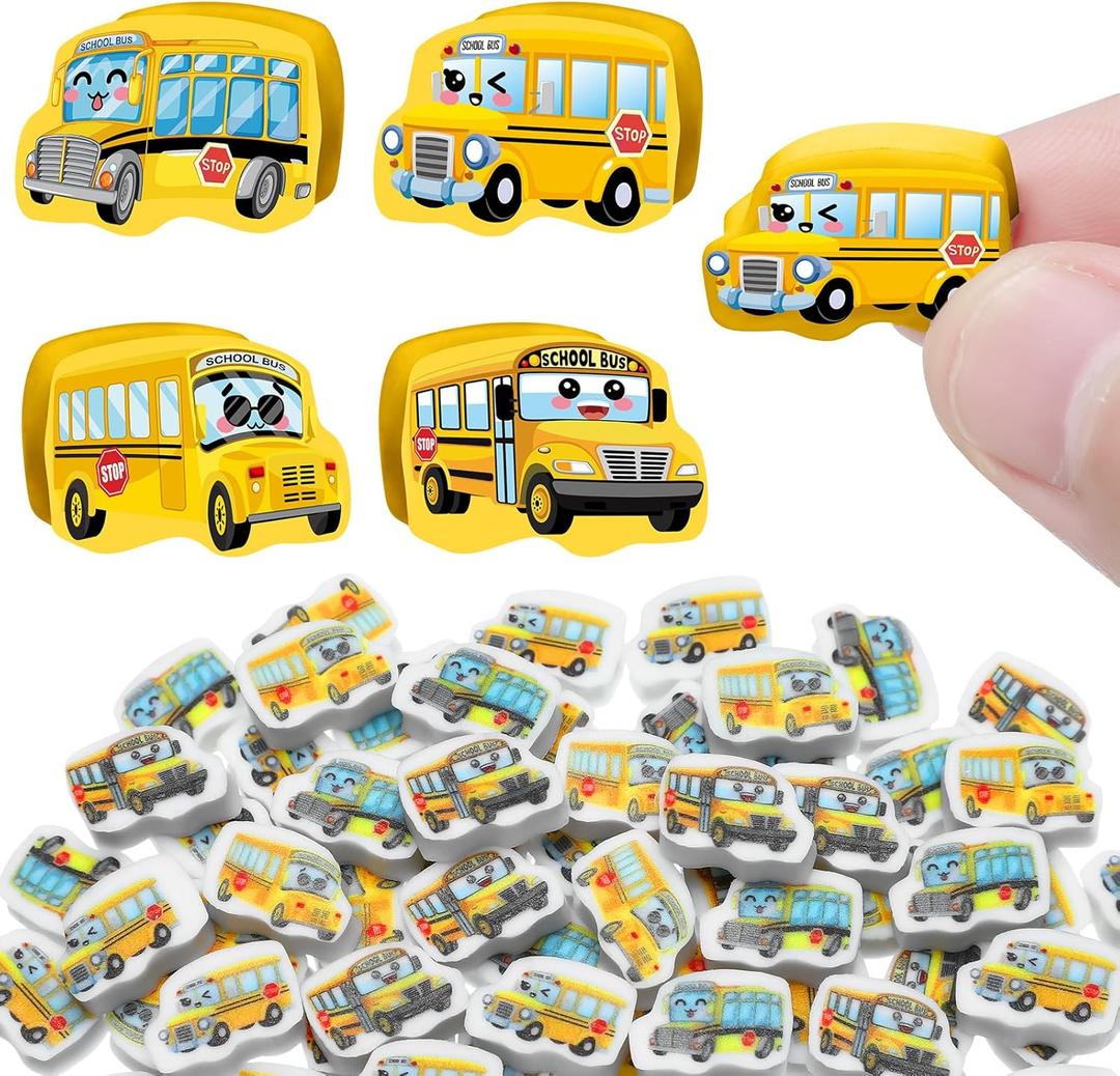 PerKoop 60 Pcs Mini Erasers for Kids Cute Erasers Bulk Welcome Back to School Gifts for Students Classroom Rewards Prizes Party Favors(School Bus)