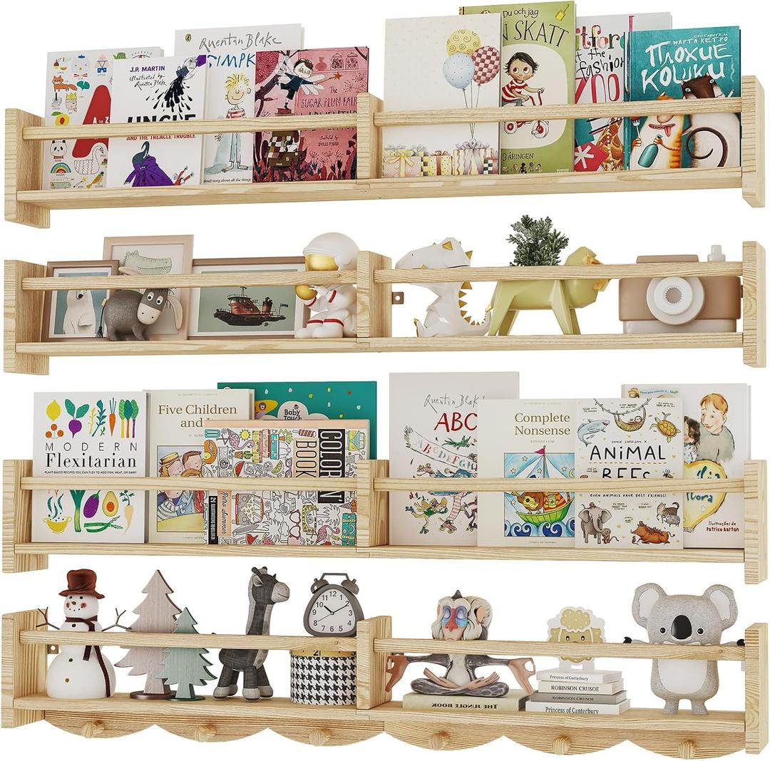 34Inch Nursery Bookshelves,Set of 4,Wall Floating Shelf Kids Coat Rack with 6Hooks,Hanging Book Shelf for Baby Nursery Room Dcor Patent Number: 29958098(Burlywood, 34)