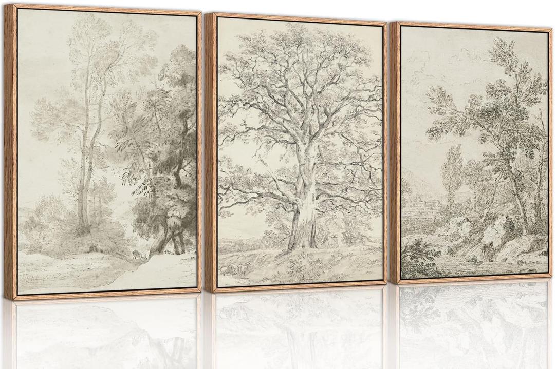 Ausril Vintage Sketchbook Forest Framed Canvas Wall Art Set, Neutral Minimalist Tree Wall Decor, Wilderness Illustration Wall Painting, Retro Botanical Art Print Living Room, Bedroom, Office-36"x24"x3