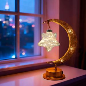 2 x Crescent Moon Table Light with Hanging Star Ramadan Decorative Atmosphere Lamp Battery Operated Suitable for Home Bedroom Shop Party Decoration