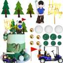 Golf Cake Toppers Golf Carts Clay Golf Figurine Cake Decorations with Green Gold Balls Red Flag Trees for Golf Sport Theme Birthday Supplies (01)