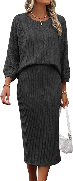 HBQ Women's 2 Piece Sweater Skirt Sets Ribbed Knit Loose Lantern Sleeve Top Midi Skirt Outfit Casual Loungewear Sets-Dark Grey-M