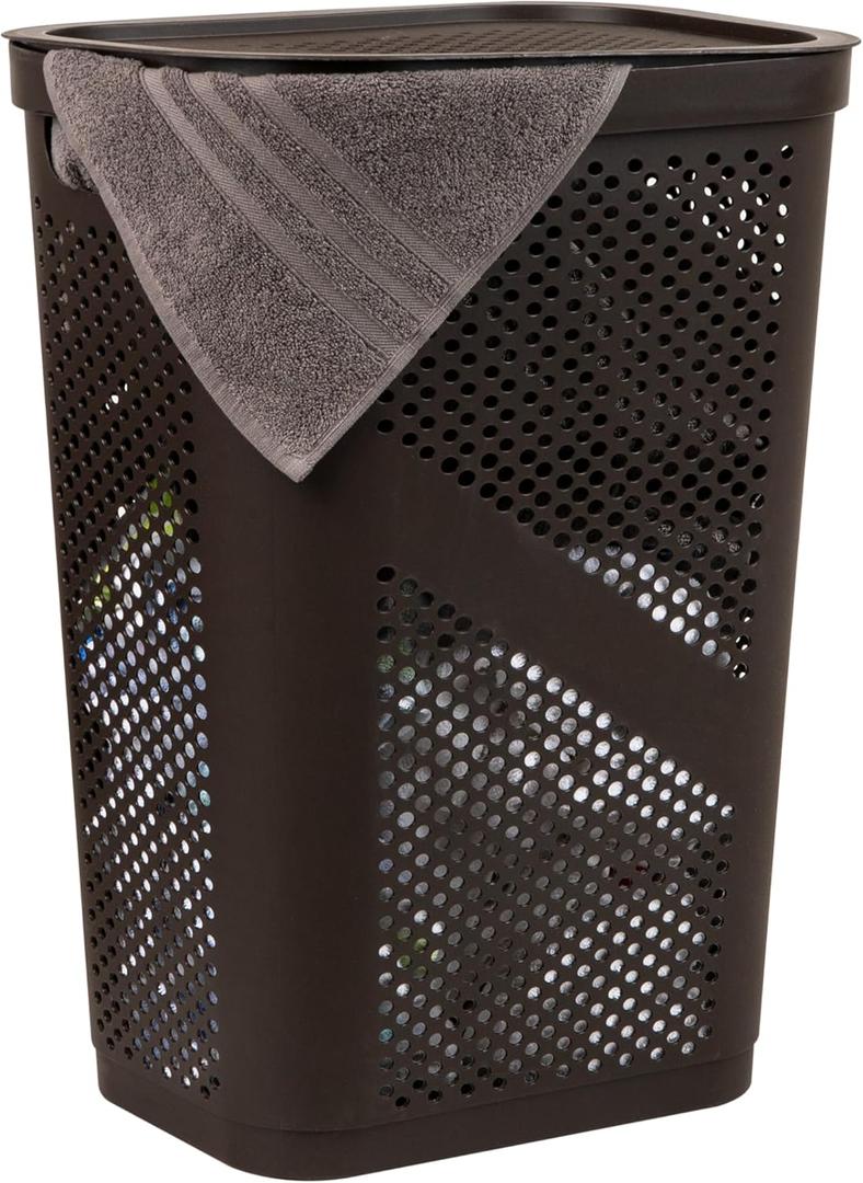 Mind Reader Slim Laundry Hamper with Lid, 60L Clothes Basket, Ventilated Plastic, Brown