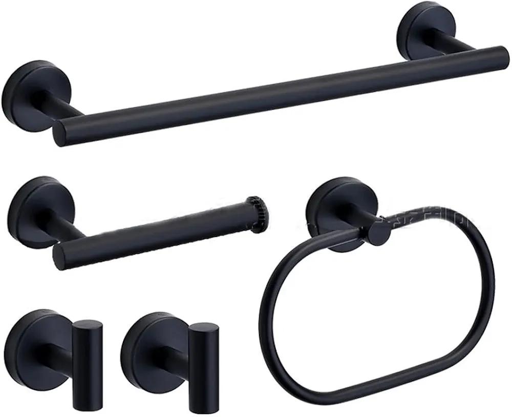 White Black Gold Stainless Steel Bathroom Hardware Set Towel Bar Toilet Paper Holder Clothes Hook Bathroom Roll Towel Rack Ring, Black