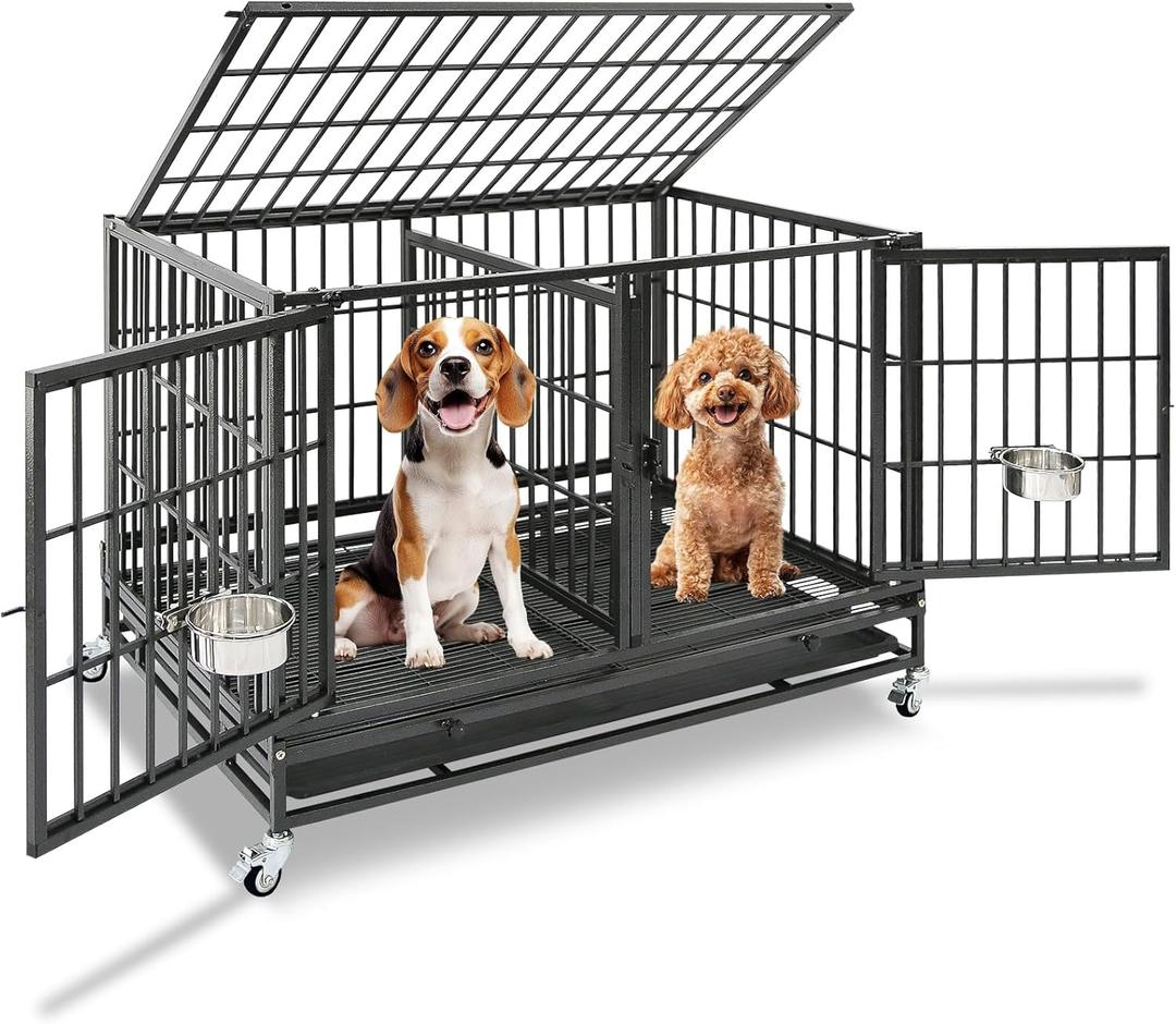 Homey Pet 43 Inch Dog Crate, Heavy Duty Stackable Dog Crate Cage Kennel for Medium Dogs with Divider, Bowls, 3 Door, Removable Grid & Tray, 4 Lockable Wheels, Breeding & Grooming Drop Cages for Dogs