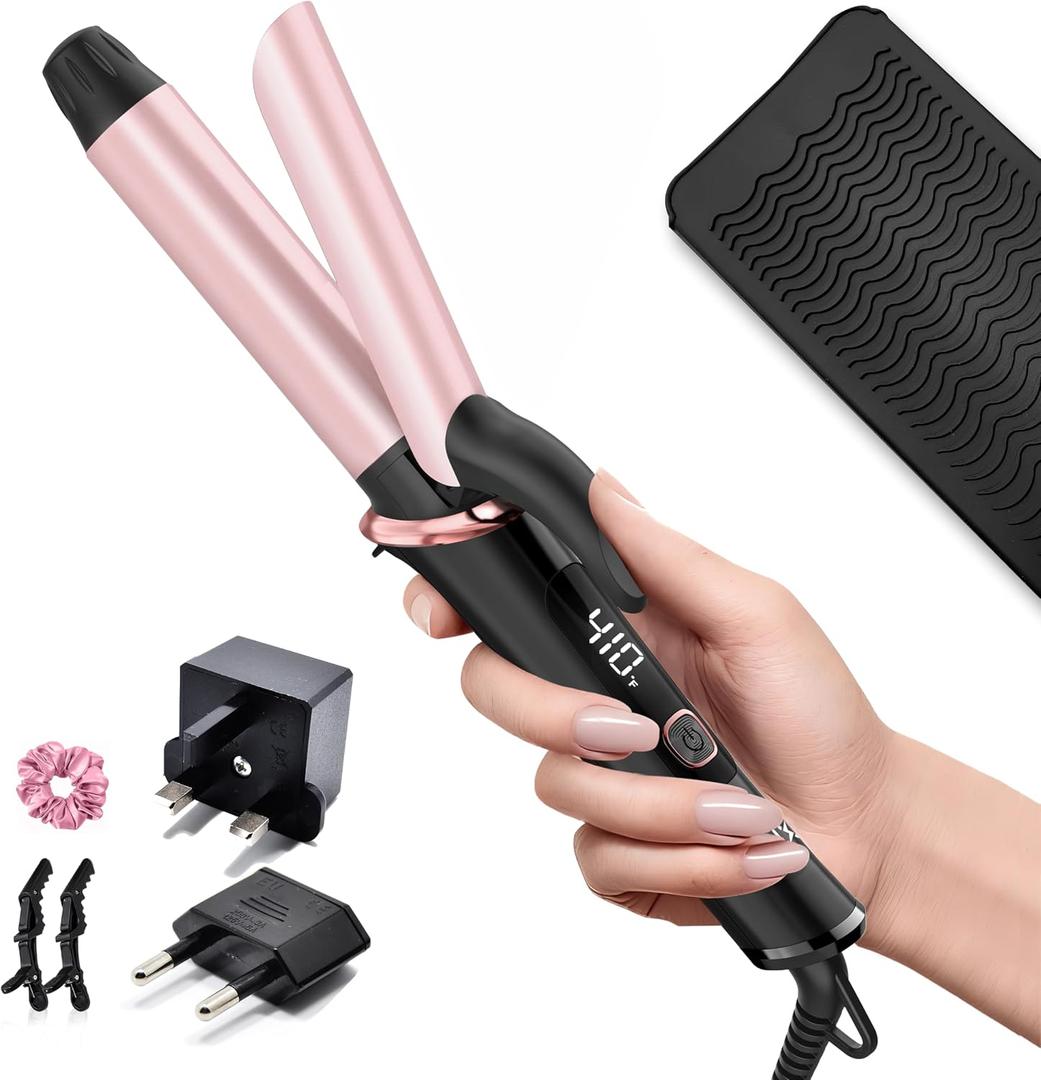 Travel Curling Iron 1 Inch,Dual Voltage Curling Iron 110-240V with European Plug,Small Curling Wand for Women & Short Hair, 5 Temp Digital Settings, Auto-Off, Anti-Scald,Heat-Resistant pad (Rose Gold)