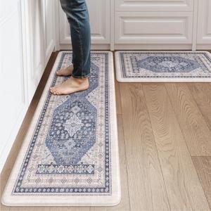 LEEVAN Kitchen Mats for Floor Non-Slip, Blue Cushioned Anti Fatigue Mat 4 Piece, Memory Foam Kitchen Mat Waterproof, Ergonomic Standing Mat for Office/Laundry ( 17"×29.5"+17"×47") Set Of 2Pairs