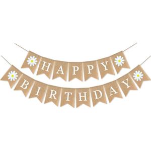 Daisy Themed Birthday Banner - Happy Spring Decoration with Flowers for Fireplace Mantle
