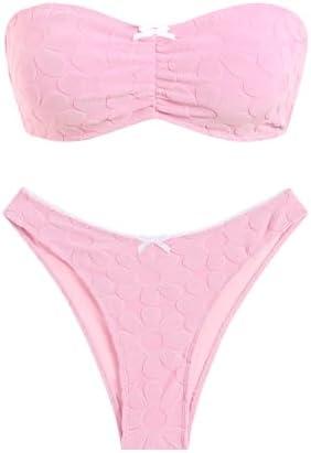 ZAFUL Women's Strapless Bikini Openwork Textured Bow Ruched Lace Up High Cut Bandeau Swimsuit Bathing Suits, Pink, M