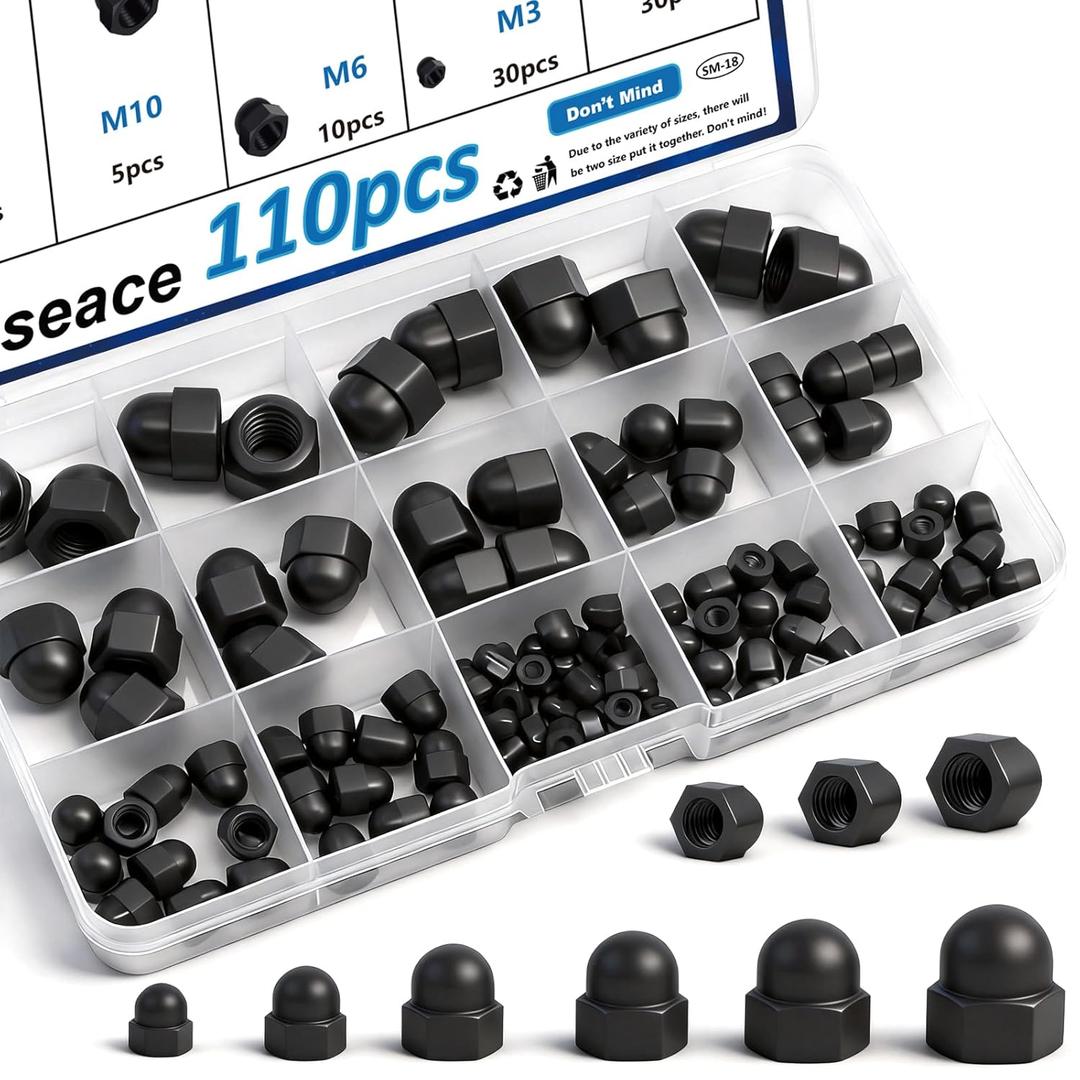 smseace 110Pcs 6-Sizes Hex Acorn Cap Nuts Assortment Kit - M3/ M4/ M5/M6/M8/M10 Bolt Cover Caps for Protection, Indoor and Outdoor Nylon Screw Covers (Black)