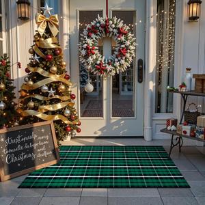 Christmas Door Mat Outdoor 24"x51", Green/Black Buffalo Plaid Front Porch Rug Cotton Hand-Woven Washable Layered Door Mats,Reversible Checkered Floor Rugs for Home Decor Outside