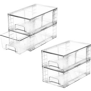4 Pack Stackable Storage Drawers with Handles, Easy Assembly Clear Acrylic Fridge Organizer, Refrigerator Organizers and Storage for Kitchen, Under Sink, Pantry, Bathroom