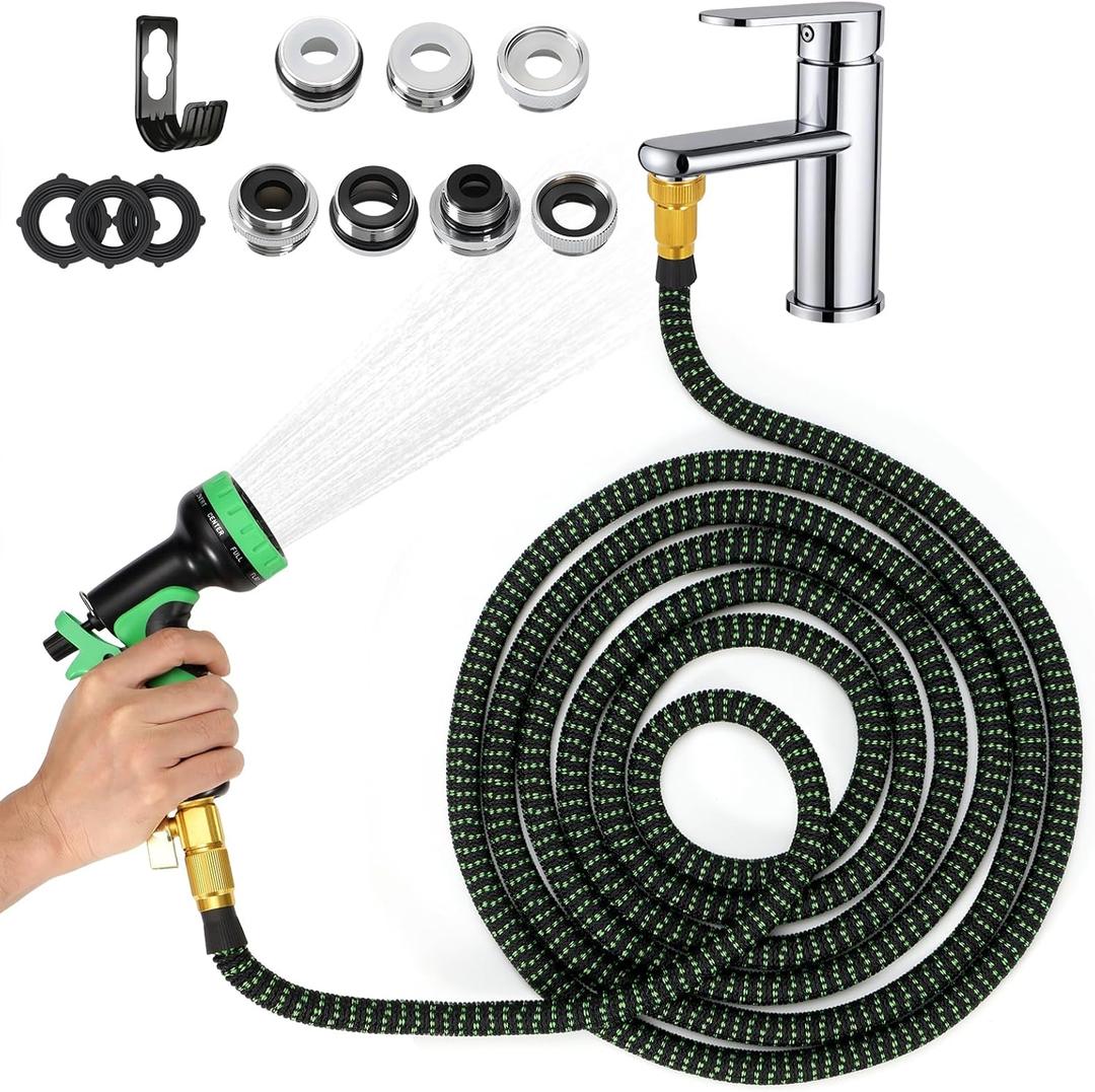 Indoor Sink Hose Attachment for Faucet - (50 FT) Faucet Hose with 7 Adapters for Kitchen Sink Bathroom Sink Faucet, Watering Houseplants, Washing Pets Car Household Cleaning 10-Function Nozzle