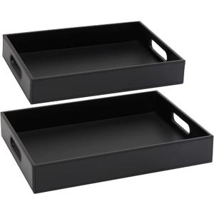 Juvale 2 Pack Slip-Resistant Black Wooden Nesting Serving Trays with Stitched Faux Leather and Handles for Coffee Table in 2 Sizes (13.8x9.9x2.3, 15.8x12x2.5 in) (Black)