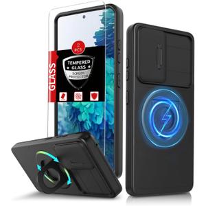 for Samsung Galaxy S20 FE Case Magnetic Compatible with MagSafe Wireless Charging,with 2 Screen Protectors,Built-in Stand Ring+Camera Cover Anti-Scratch Shockproof Heavy Duty Protection Black