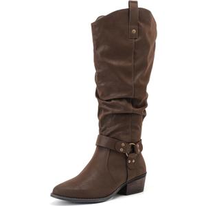 Luoika Women's Extra Wide Calf Low Heel Knee-High Boots (Brown)