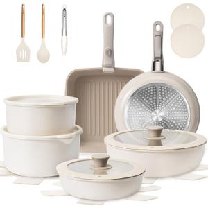 KIKCOIN Ceramic Cookware Set, 22 Pcs Nonstick Pots and Pans Set with Detachable Handles, Non Toxic Kitchen Cooking Set with Removable Handles, Induction/Dishwasher/Oven Safe, Ollas de Cocina (Beige with Taupe)