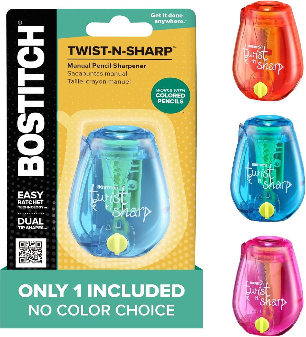 Bostitch Office Pencil Sharpener, Manual, One Assorted Color, Twist-n-Sharp, Kids, Boys, Girls, Colored Pencils, 1 Pack