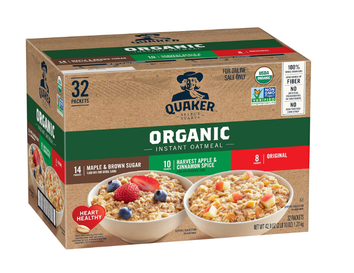 QUAKER Instant Oatmeal, USDA Organic, Non-GMO Project Verified, 3 Flavor Variety Pack, Individual Packets, 32 Count (Pack of 1) BBD: 03 Feb 2026
