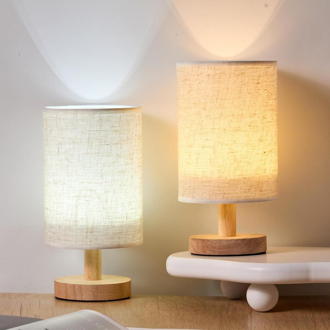 Nuanchu 2 Pcs Small Bedside Table lamp for Bedroom - 3 Color Temperatures Bedside Lamps with USB, Round Fabric Linen Shade for Bedroom, Nightstand, Nursery, Camping, Outdoor