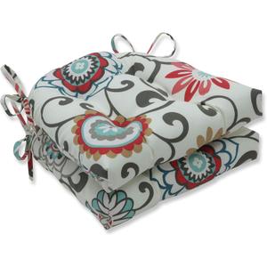 Pillow Perfect Floral Indoor/Outdoor Chairpad with Ties Reversible, Tufted, Weather, and Fade Resistant, 15.5" x 16", Blue/Brown Pom Pom Play 2 Count