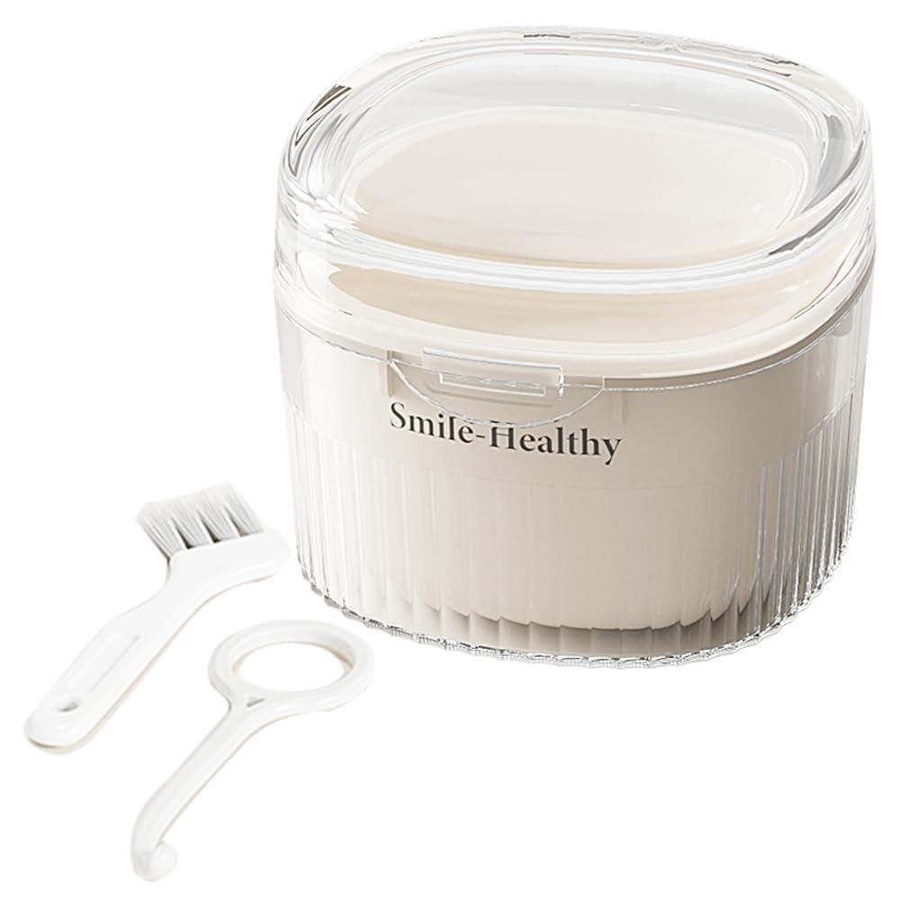 Denture Case Kit, Retainer Cleaner Case with Cleaning Brush, Retainer Cleaning Denture Bath Cup with Mirror Use in Denture Bridges, Partial Dentures, Traditional Braces for Travel (White)