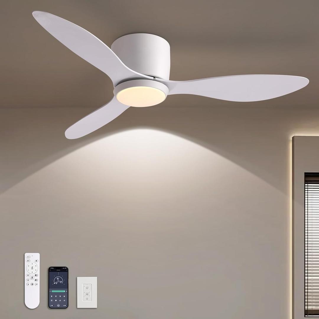 Ceiling Fans with Lights,42 Inch Low Profile Ceiling Fan with Wall Control and Remote Control,Dimmable,Flush Mount Ceiling Fan with Noiseless DC Reversible Motor for Bedroom Indoor Use (White)