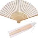 24pcs Imitated Silk Hand Fan Imitated Silk Fabric Bamboo Handheld Folded Fan Bridal Dancing Props Church Wedding Party Favors with Organza Bags (Cream)