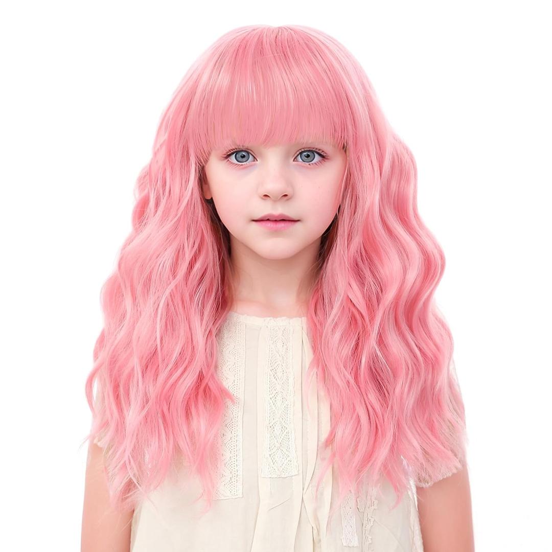 Kids Pink Wig with Bangs 14 Inch Halloween Cosplay Wigs for Kids Girls Wavy Hair Synthetic Wig with Upgraded Strands,Shoulder Length Wigs for Costume Parties (14 Inch,Pink)