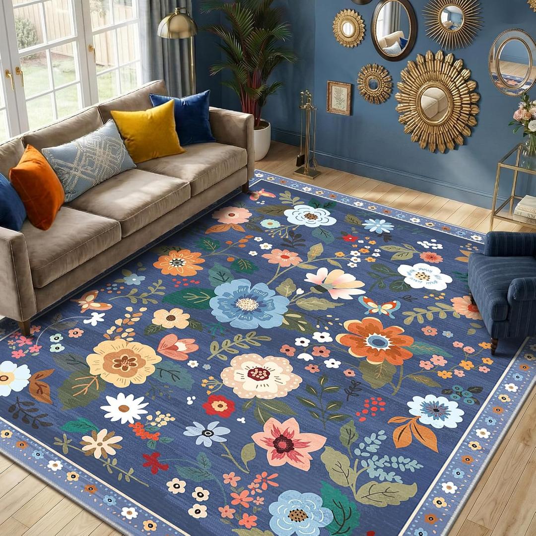 RELEANY Floral Nursery 9x12 Area Rugs Washable Print Boho Cute Carpet Non Slip Flower Low Pile for Living Room Kids Girls Playroom Bedroom Kitchen Office Farmhouse-Blue/Grey