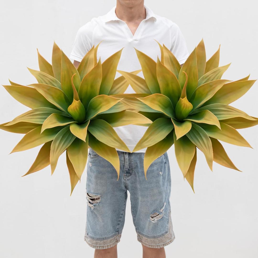 Ttranewsoo Artificial Plants Outdoor Faux Plant,Artificial Agave Faux Hostas Outdoor Uv Resistant Artificial Plants Indoor Fake Plant Artificial Agave Plant Indoor(2pcs, 28") Yellow