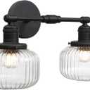 2-Lights Industrial Glass Wall Sconces, Antique Brass Clear Striped Globe Shade Wall Light Fixture for Bathroom Vanity, Bedroom, Dining Room, Living Room, Farmhouse, Stairs (Black)