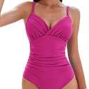 AI'MAGE Women's One Piece Swimsuit 2025 Tummy Control Bathing Suit V Neck Retro Ruched Push Up Swimwear Medium, Rose Red
