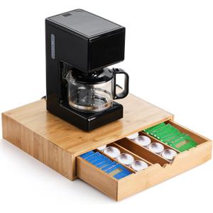 Peohud Bamboo Coffee Pod Drawer, Espresso Coffee Capsule Holder with 5 Adjustable Compartment, Tea Bag Storage Organizer for Kitchen Counter Office Coffee Station