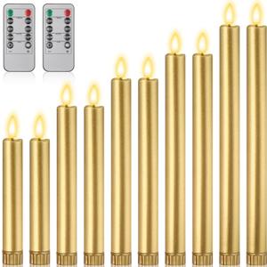 10 Pcs Flameless Taper Candles with Remote Battery Operated Taper Candles Include 6.5'' 7.7" 8.9" 10" 11.2" Fake LED Electric Candle Sticks for Valentine's Day Home Wedding Decor (Gold)