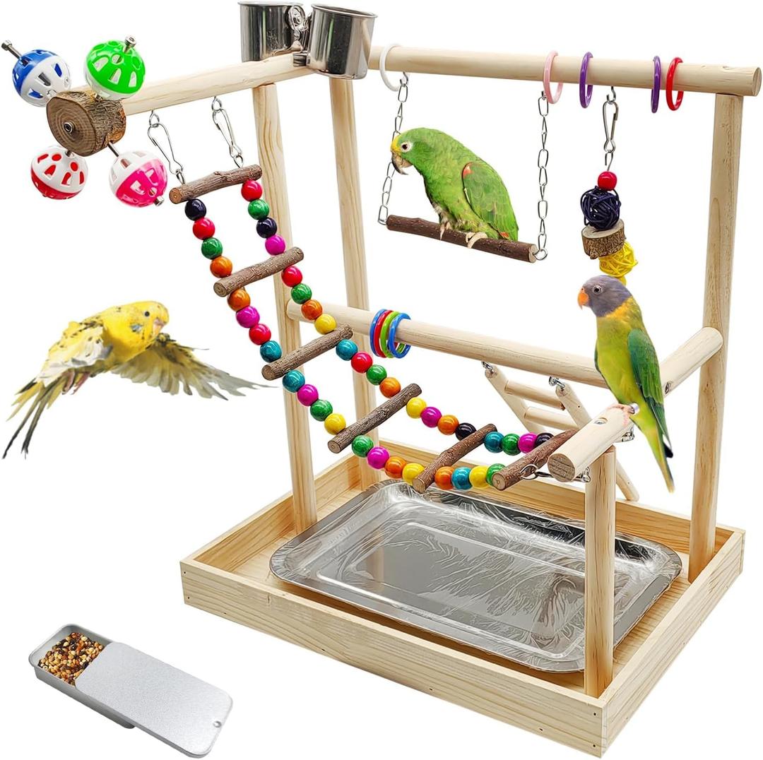 PINVNBY Bird Playground Parrot Playstand Play Gym Cockatiel Wood Bird Toys Birds Cage Accessories Playpen Ladder with Feeder Cups Hanging Swing Toys for Parakeet Conure Lovebird Cockatiel (14.96"L x 11.02"W x 16.14"H)