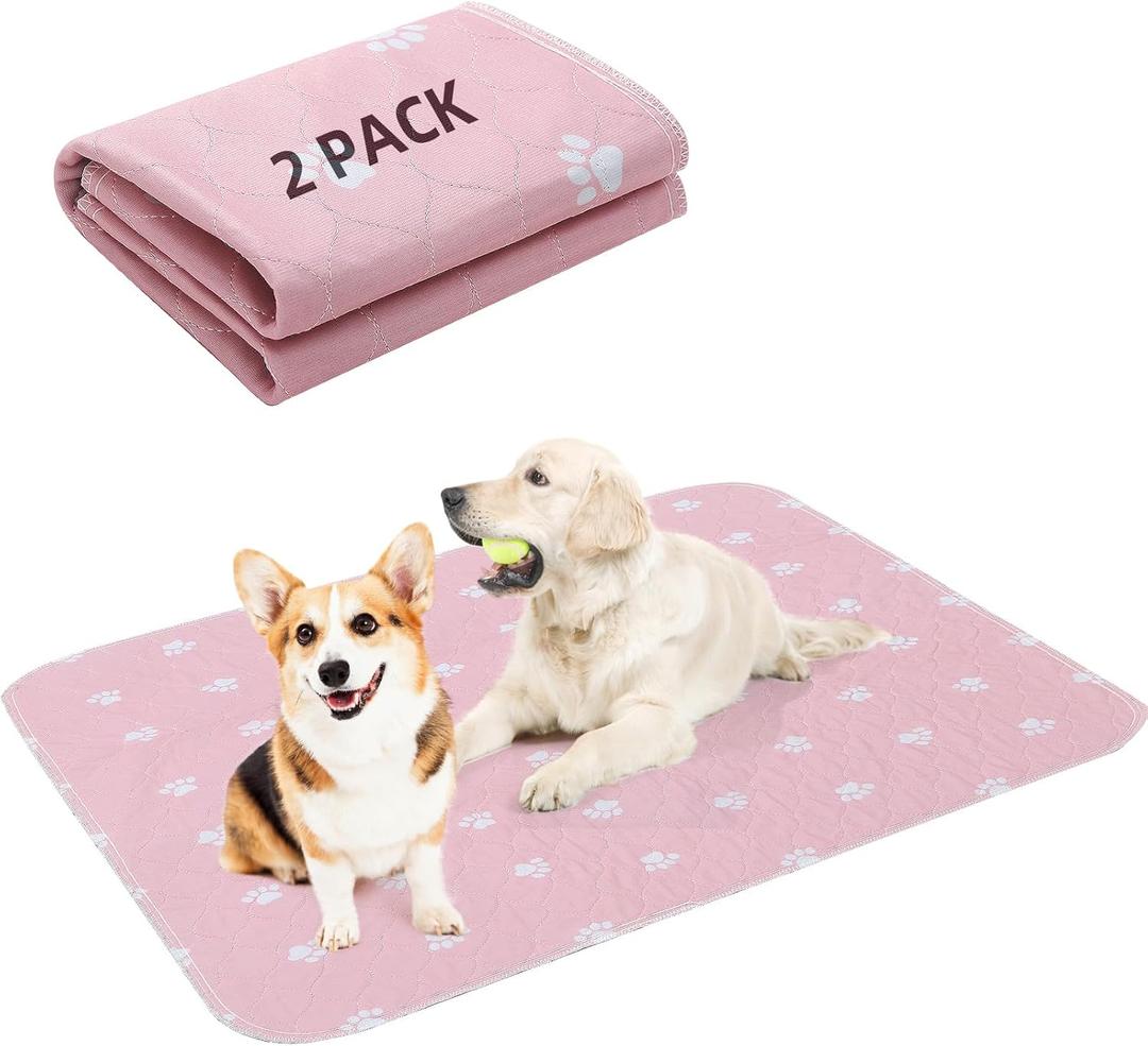 PUPTECK Washable Pee Pads for Dogs - 2 Pack 34" x 36" Waterproof Reusable Puppy Potty Training Pads Whelping Mat - Fast Absorption Non-Slip Pet Food Feeding Mat -Pad for Small Animals (Pink)