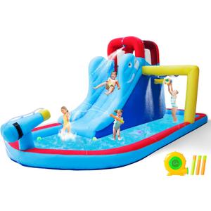 JOYLDIAS Inflatable Bounce House, Water Slide Bouncer Playhouse Castle w/Splash Pool, Climbing Wall, Basketball Hoop & Carry Bag, 480W Air Blower for Kids Backyard Indoor Outdoor Use, Free Water Gun