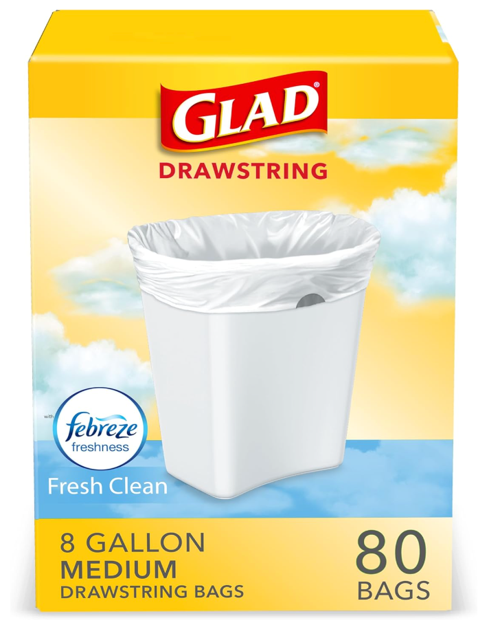 Glad Medium Trash Bags, 8 Gallon, Febreze Fresh Clean Garbage Bags, With Odor Control and Drawstring, 80 Count