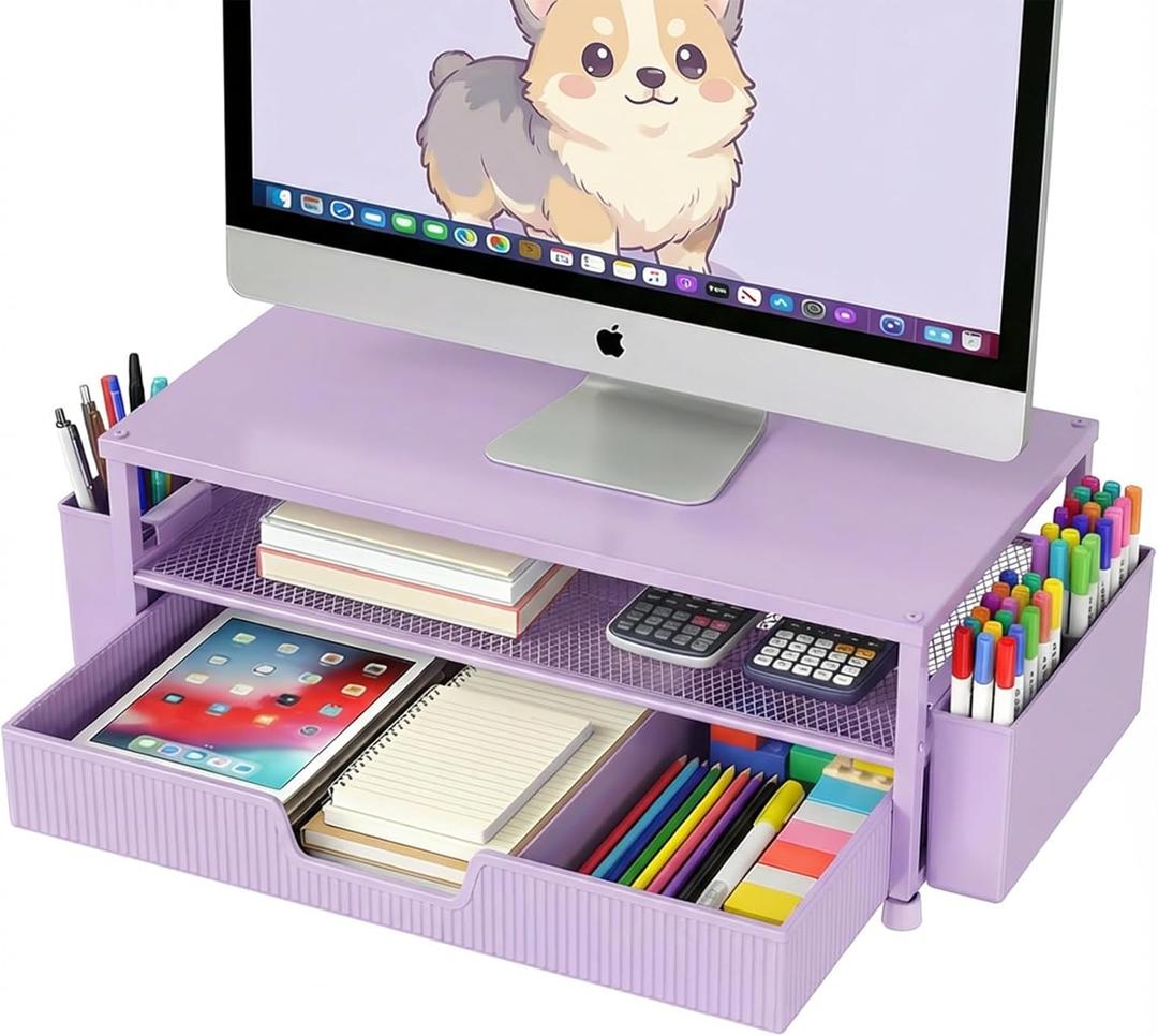 Desk Organizer and Accessories, 2-Tier Computer Monitor Stand Rise with Storage Drawer & 2 Pen Holders, Laptop & Printer Stand for Desktop, Workspace Organizers for Office Supplies (Purple)