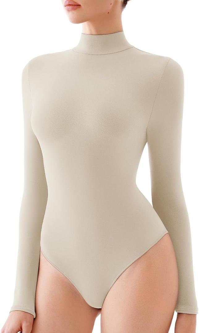 REORIA Women's Turtle Neck Long Sleeve Bodysuits Basic Slim Fit Double Lined Layering Tops for Fall & Winter (Beige, XS)