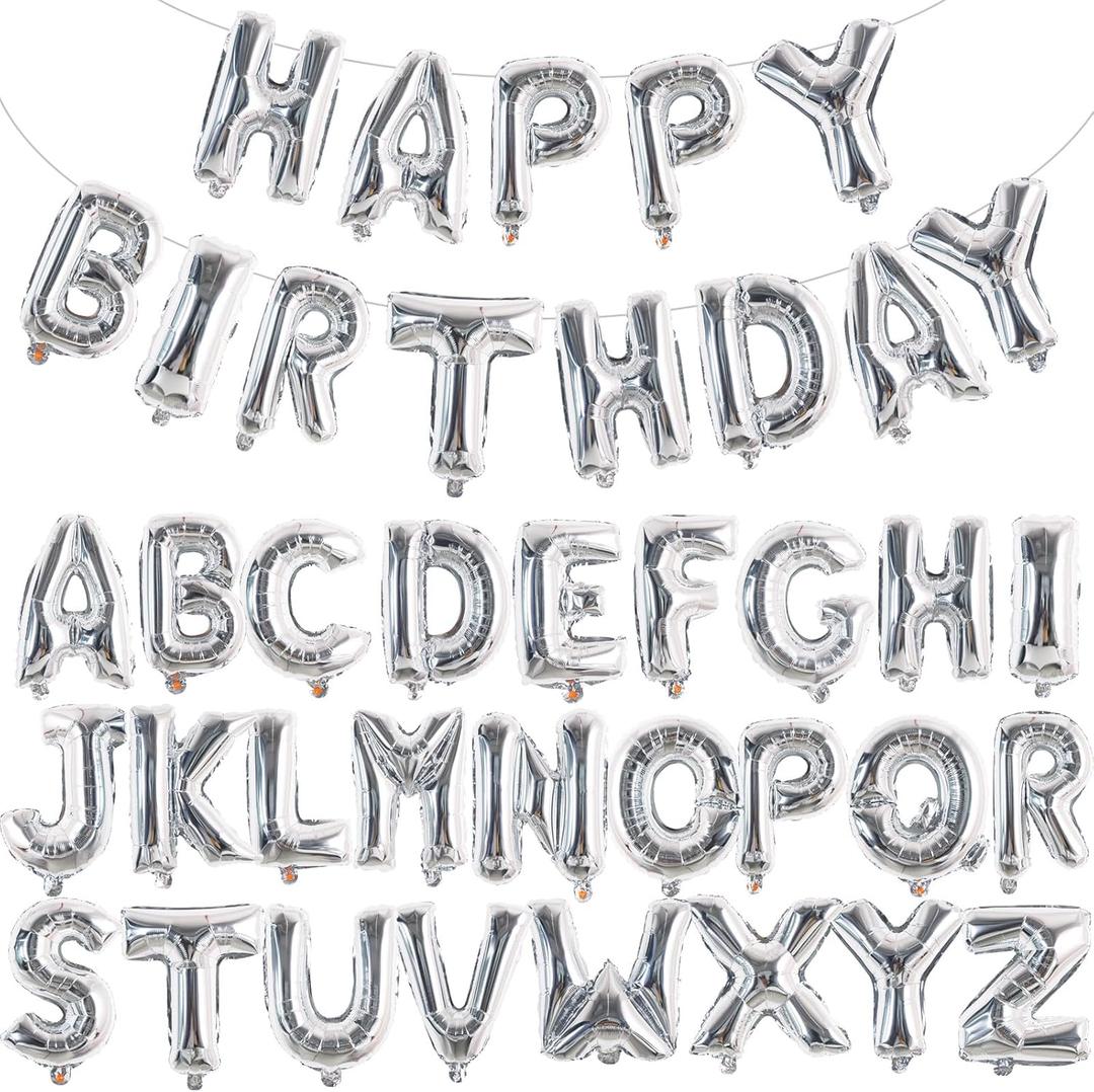 TONIFUL 65 Pcs 16 Inch Silver Happy Birthday Balloons and 2 Sets A-Z Foil Letters Balloons DIY Personalized Phrase Banner for Thanksgiving Christmas Birthday Celebration Halloween Party Decorations