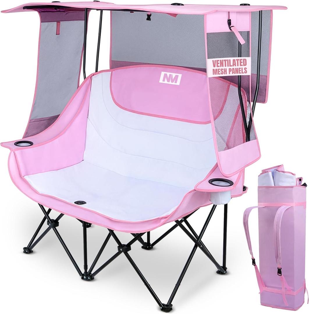 Night Market Double Camping Chair Camping Couch, Double Folding Chair with Removable Canopy, Portable Loveseat for Outdoor, Beach, and Sports