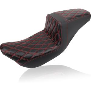 Touring Seat Low Profile 2-Up One-Piece Driver Passenger Seat Extended Reach Step Up Motorcycle Seats Leather Diamond Red Stitching for Harley Road King Electra/Street/Road Glide 2008-2023