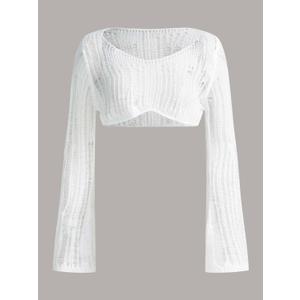 Verdusa Women's Hollow Out Sheer Long Sleeve Sweater Knit Crop Pullover Top, Size: X-Small