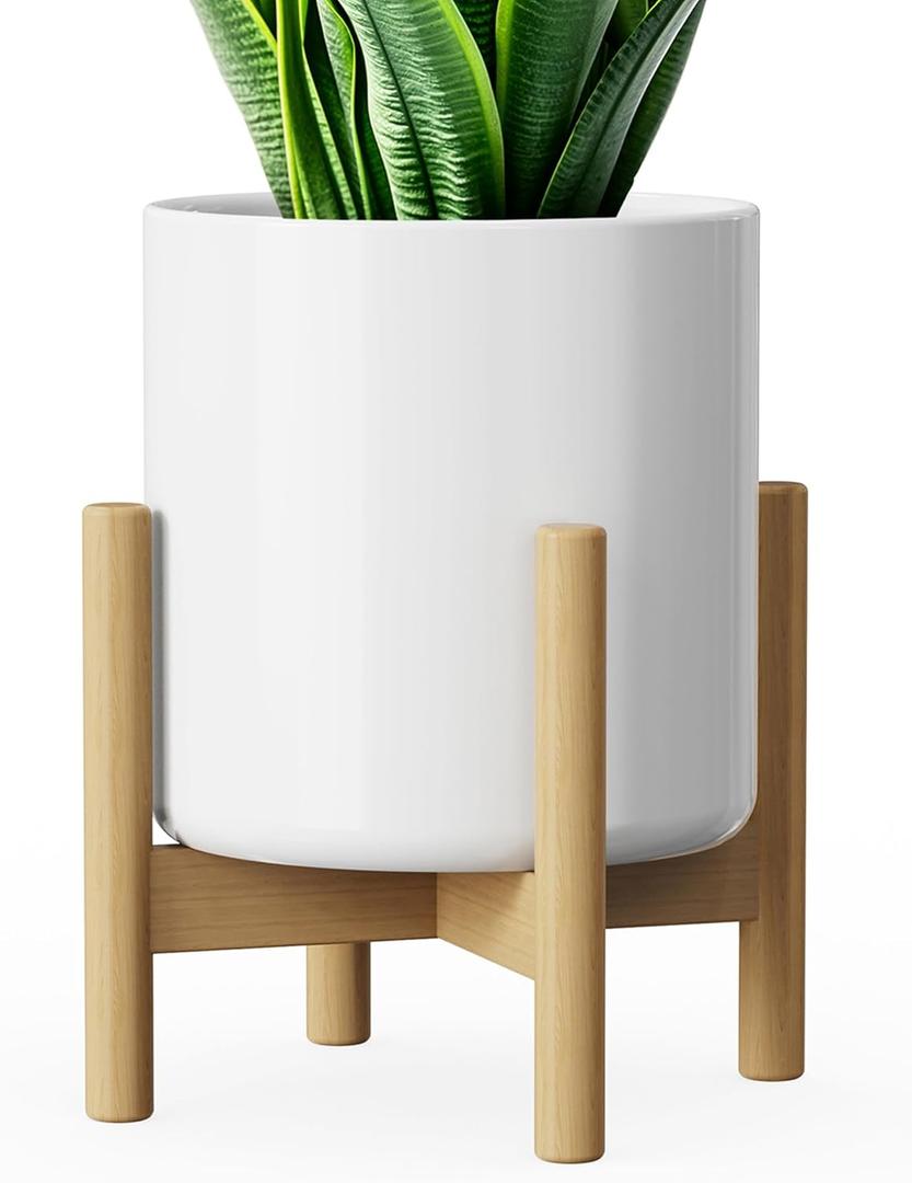 8 Inch Ceramic Planter with Wood Stand, Mid-Century Modern Minimalist Design Plant Pot with Drainage & Luxurious Stand for Indoor Home Decor (White)