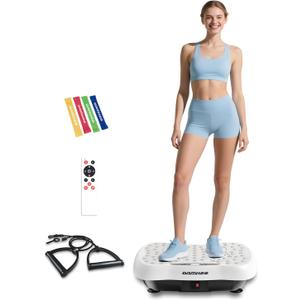 Vibrating Board Workout, Weight Loss Exercise Equipment and Lymphatic Drain Massager, Waver Fitness Exerciser, 4 Resistance Bands (White)